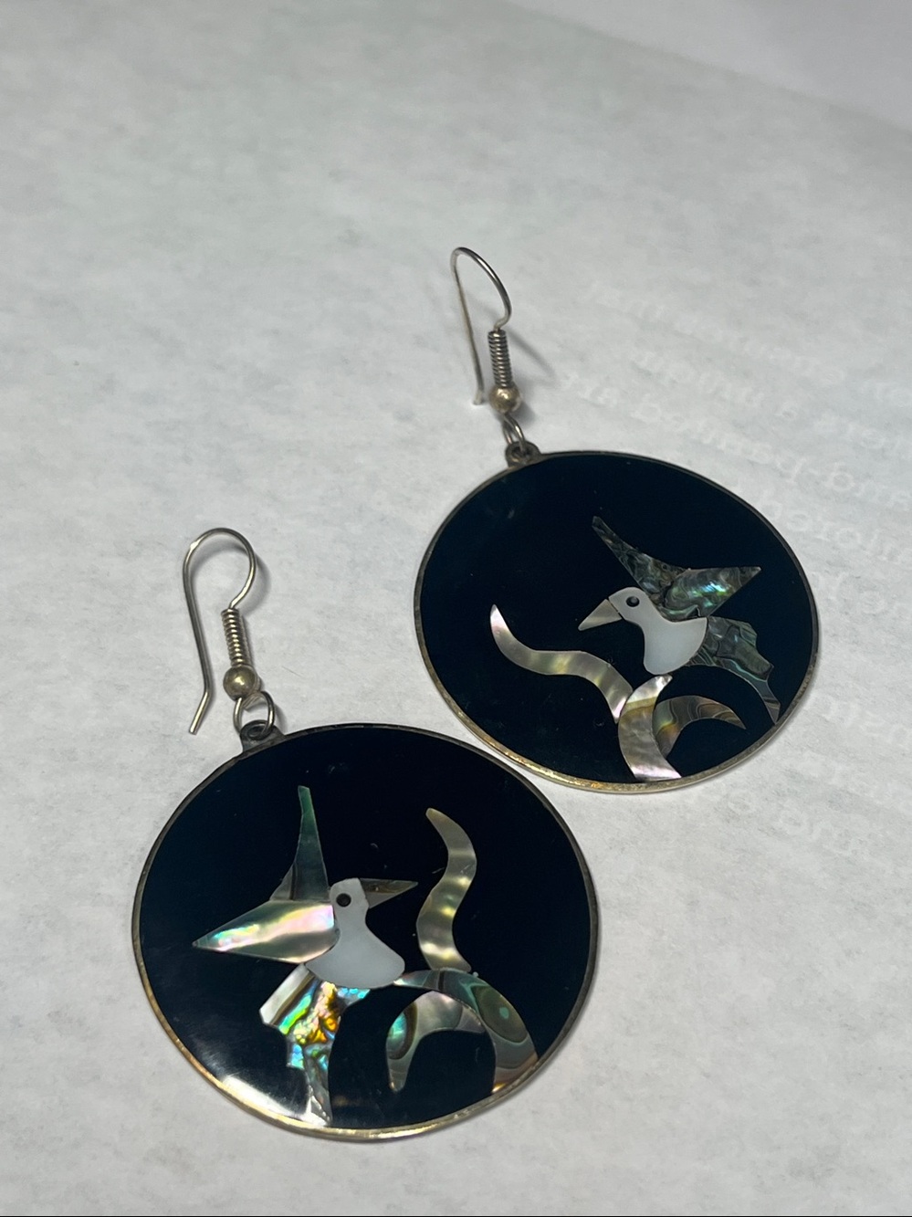 Vintage Black and Iridescent Mother-of-Pearl Bird Drop Earrings